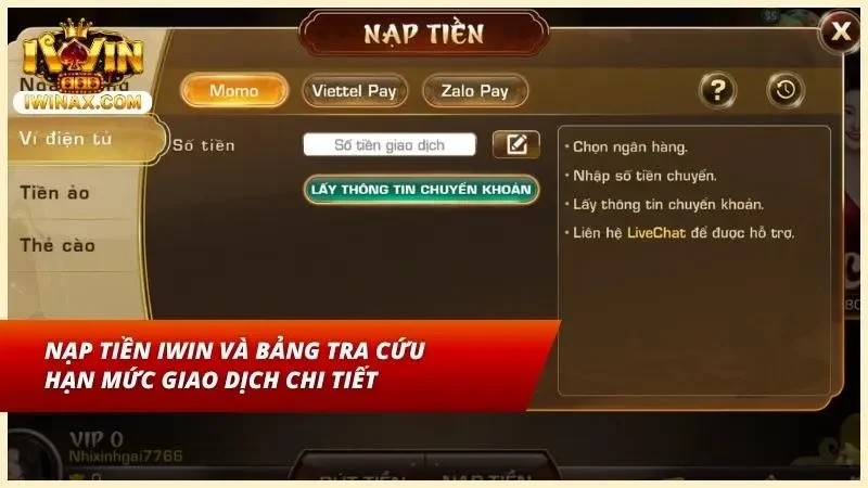 Bảng hạn mức nạp tiền IWIN qua ngân hàng ví điện tử thẻ cào và USDT