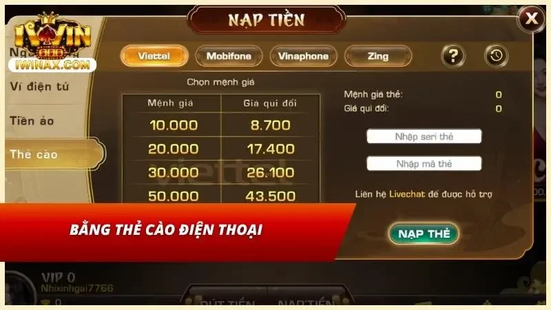 Hướng dẫn nhập mã thẻ cào và số serial khi nạp tiền IWIN